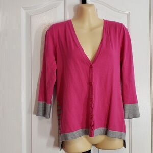 OneA Cardigan Sweater M Pink Gray Striped 3/4 Sleeve Button Front